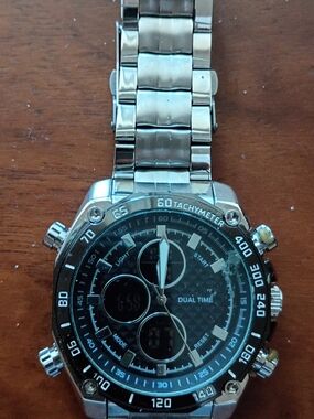 Source Unknown Silver and Black Dual-Time Tachymeter Watch